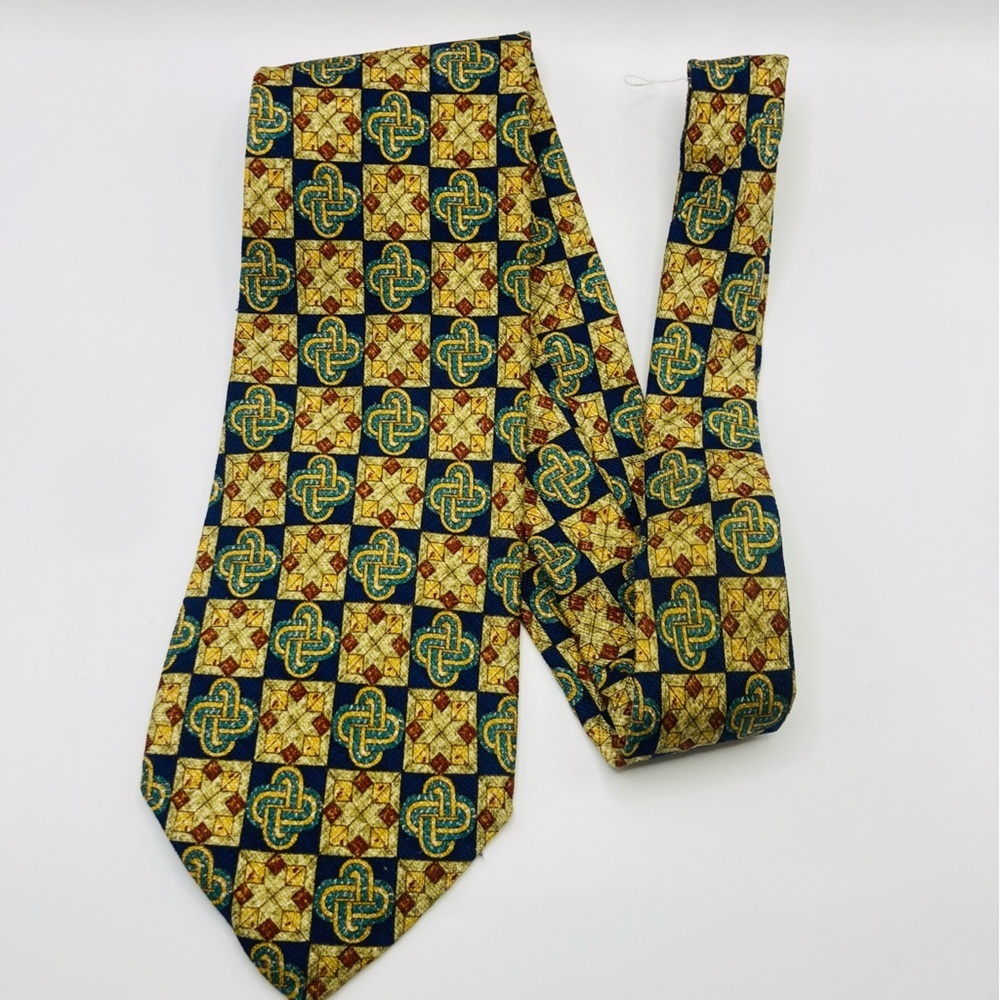 Ermenegildo Zegna silk blue gold and red geometric print silk tie.